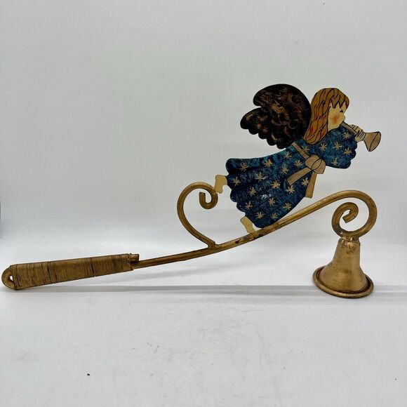 Vintage Brass Hand Painted Angel Candle Snuffer 12” Long Christmas Folk Rustic - Picture 4 of 7